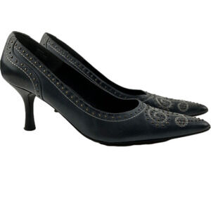 J. Renee! Gunsmoke blue leather gold studded embossed heels